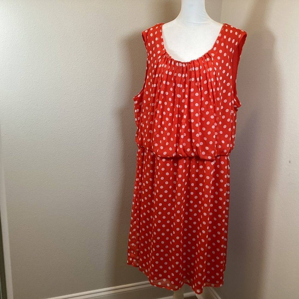 Emma Michele Womens White Polka Dot Red Dress Round Neck Sleeveless Sz 24 Midi